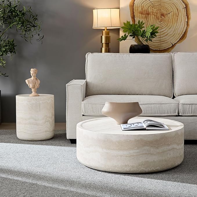 Small Round Coffee Table 15.74" Marble Pattern Drum Shaped End Fiberglass Cocktail Side Table for Living Room Bedroom Office