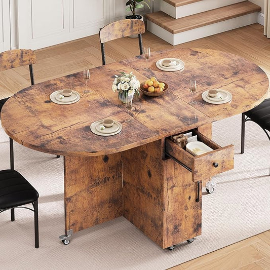 Folding Dining Table for 4 Kitchen Dining Room DinnerTable with Storage Drawer Space Saving Oval Foldable Drop Leaf Gateleg Furniture for Small Space (Vintage, 51 * 31.5 * 30)