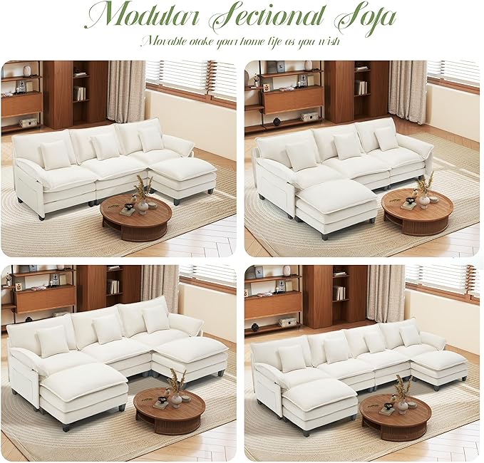 Modular Sectional Sofa, Comfy Cloud Couch with Movable Ottoman, Deep Seat Couches for Living Room, Bedroom and Apartment, 106" U Shaped Modern Sofa with Pillows, Beige