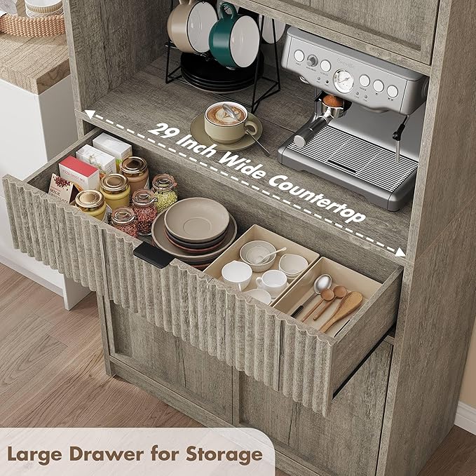 IDEALHOUSE Tall Storage Cabinet, 70" Kitchen Pantry Cabinet with Doors, Fluted Kitchen Hutch Cupboard with Microwave Shelf & Drawer, Freestanding Cupboard for Dining Room, Living Room, Gray