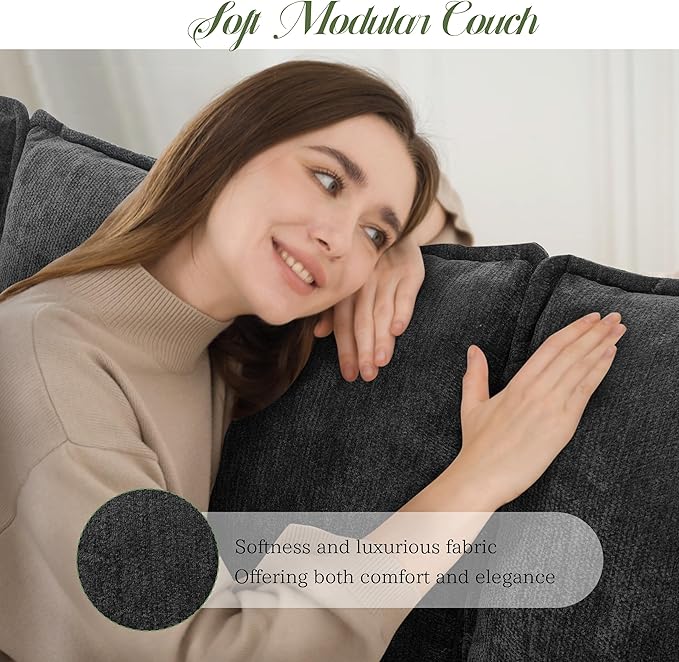 Modular Sectional Sofa, Comfy Cloud Couch with Movable Ottoman, Deep Seat Couches for Living Room, Bedroom and Apartment, 106" U Shaped Modern Sofa with Pillows, Black