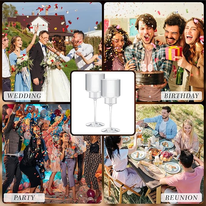 24PCS Ribbed Plastic Wine Glasses - 12oz Unbreakable Wine Glasses with Stem, Disposable Clear Plastic Champagne Cups with Ribbon for Party, Wedding, Poolside, Outdoor, Camping, Picnic
