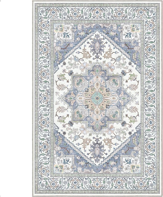 OPPODREAM Thin 6x9 Area Rugs, Washable Rug 6x9 with Non Slip Backing, Faux Cashmere Low-Pile 6 x 9 Carpet, Purple & Green & Cream