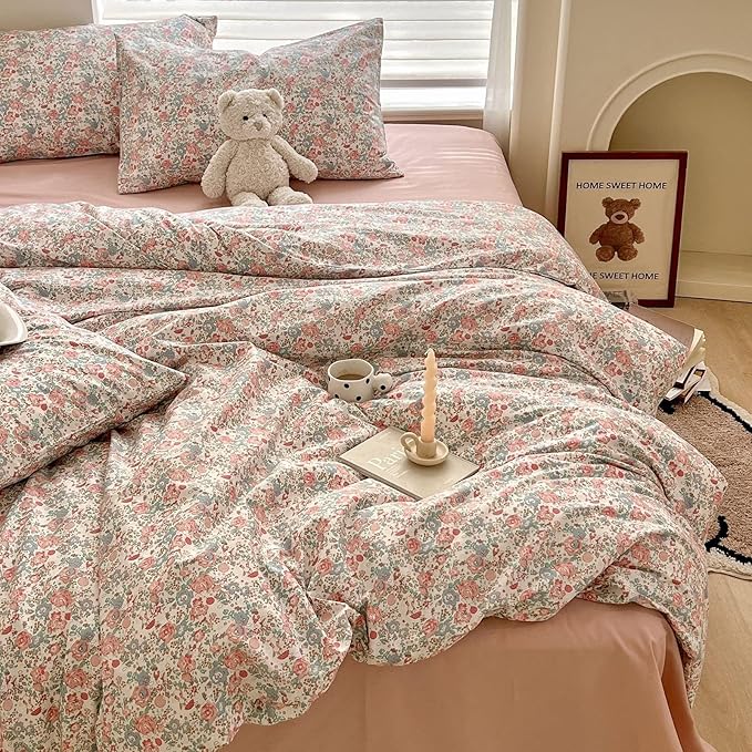 Boho Floral Duvet Cover Twin Soft Cotton Aesthetic Floral Bedding Sets French Style Pink Blue Flower Branches Duvet Cover Chic Shabby Garden Floral Comforter Cover Botanical Twin Size Bedding Sets