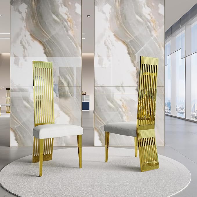 White and Gold Dining Chairs Set of 6, Luxury Dining Room Chairs with Mirror Polished Metal High Back and Legs, Modern Heavy duty Dining Chairs with Breathable Backrest for Living Room, Kitchen