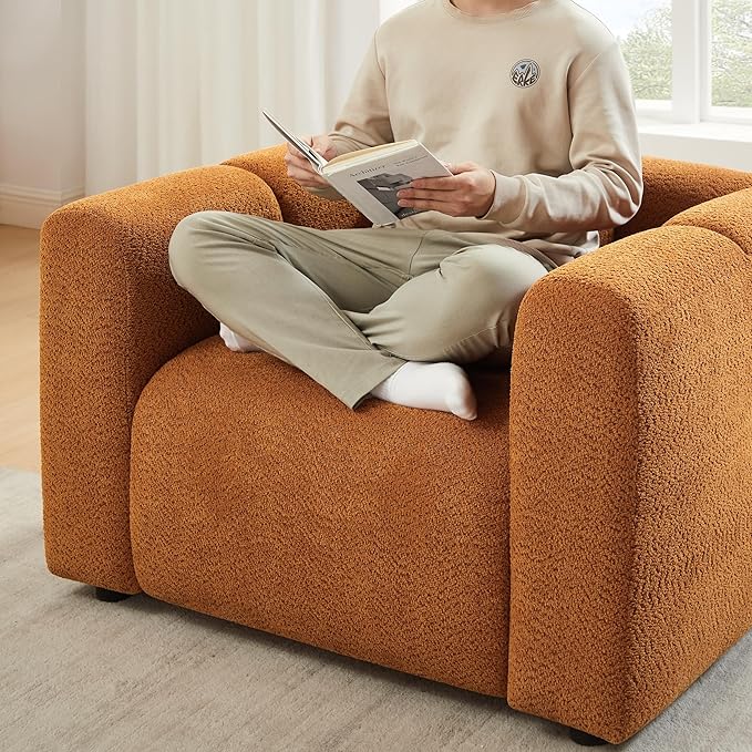 VANOMi 42" Accent Chair for Living Room Modern Upholstered Boucle Chair with Pillow Comfortable Mid Century Single Sofa Lounge Chair (Curry)