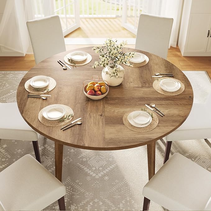 VASAGLE MAEZO Collection - Round Dining Table for 4-6 People, 47.2 Inches Circle Kitchen Table with Tapered Legs, Curved Transitions, for Dining Room, Kitchen, Honey Brown UKDT091KB02S