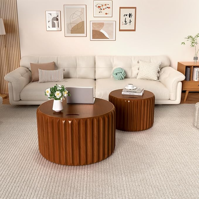 26" Round Nesting Coffee Table Set of 2 with Storage, Modern Round Wood Fluted Coffee Tables with Storage for Living Room Nesting End Table for Small Space (A Walnut)