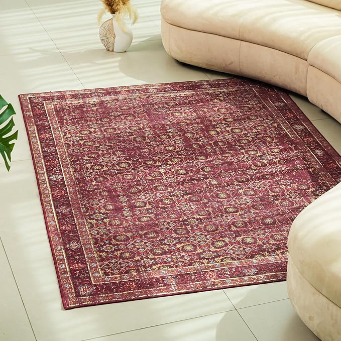 5x7 Soft Washable Area Rugs for Living Room and Bedroom, Non-Slip Stain Resistant Indoor Carpet, Cozy Floor Mat for Dining Room, Office, Under TableStain Resistant Persian red Floral