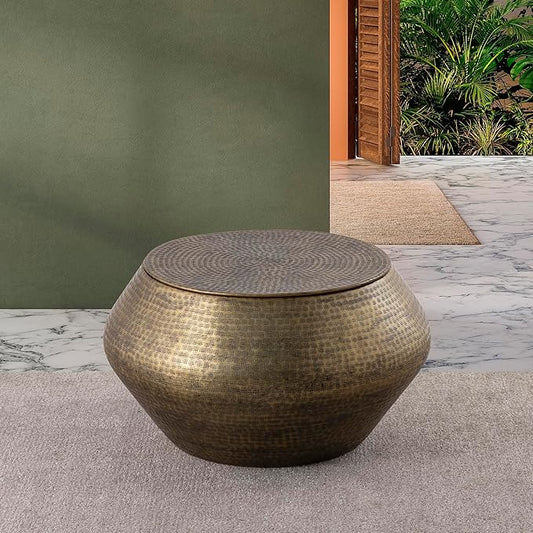Albany Living Modern Cylindrical Aluminum Hammered Embossed Texturing, Metal Drum Coffee Table with Removable Lid for Storage,Fully Assembled, for The Living Room and Bedroom, Brass