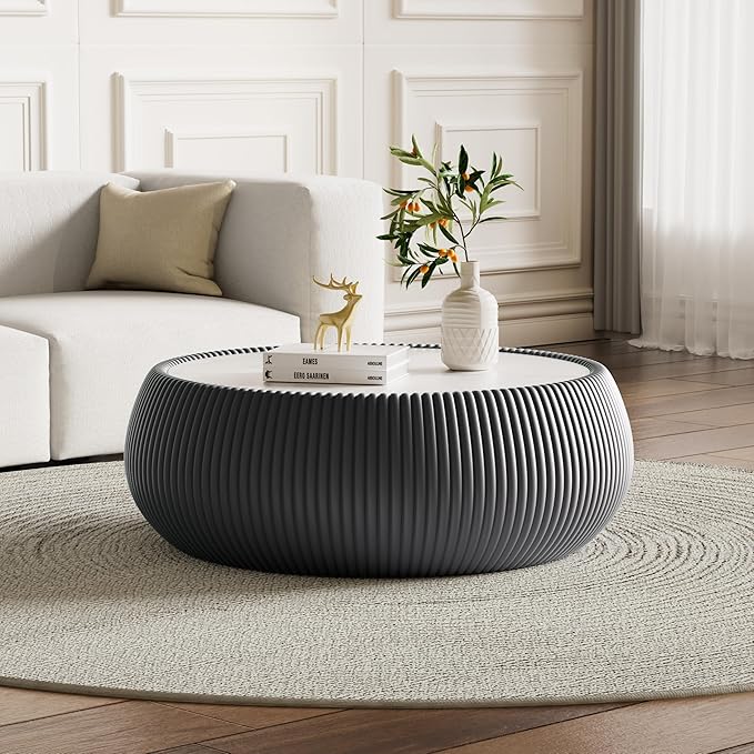 Grey Round Coffee Table with Sintered Stone Tabletop, 27.55" Drum Coffee Table with Fluted PU Leather Covered and Stable Base, Circle Cocktail Tea Table for Living Room