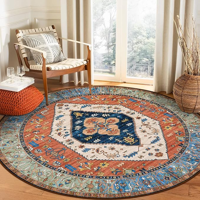 Lahome Boho Washable 4Ft Round Area Rug, Non-Slip Throw Untra-Thin Small Round Carpet, Oriental Vintage Distressed Circle Rug for Bedroom Kitchen Dining Living Room Office, 4x4/Rust