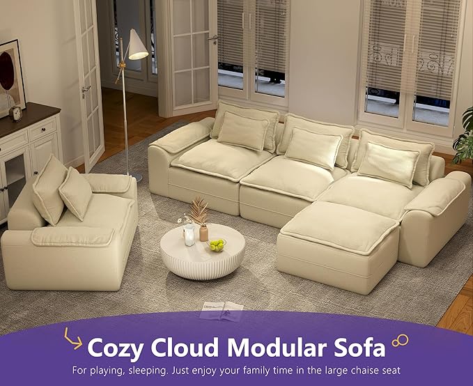 Hobestluk 120" Cloud Modular Sectional Couch 3-Seater Sofa with Ottoman L Shaped Sofa with Removable Cover Large Sofa Couch for Living Room (Beige, 3-Seater Sofa with One Ottoman)