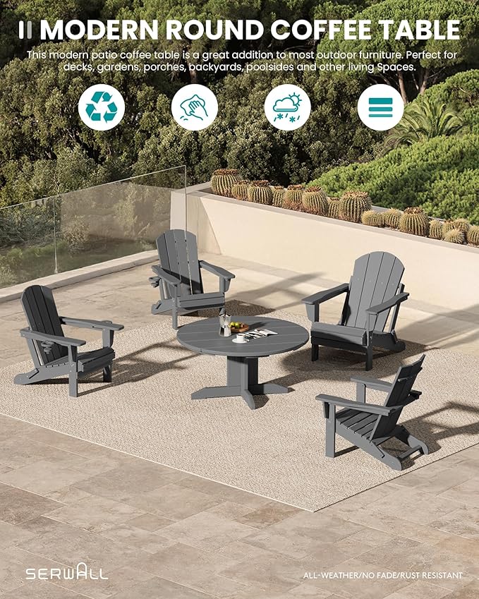 SERWALL 5-Piece Outdoor Round Coffee Table Set - 1 Table & 4 Adirondack Chairs with Cup Holders (Gray)