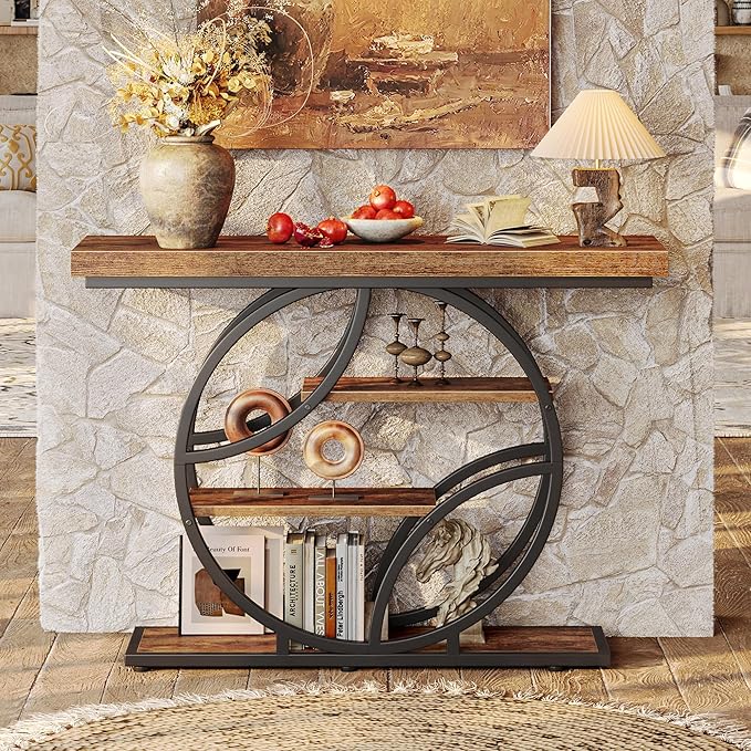 Huuger 41.3 Inch Entryway Table, Industrial Console Sofa Table with Storage, Accent Table with Shelves, for Entry, Hallway, Entrance, Foyer, O-Shaped Metal Frame, Rustic Brown