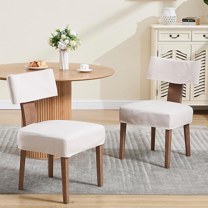 Linen Dining Chairs Set of 4 with Seat Covers, Modern Dining Chairs with Wood Legs, Farmhouse Fabric Upholstered Dining Room Kitchen Side Chairs, Beige