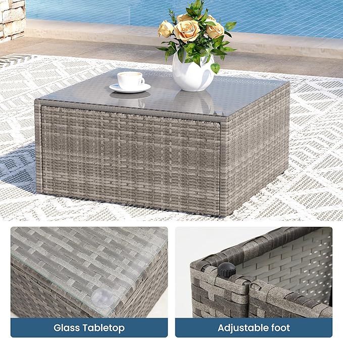 8 Pieces Outdoor Patio Furniture Set with 43" Fire Pit Table, Wicker Outdoor Patio Sectional Sofas with Coffee Table and Cushions, All-Weather Patio Conversation Set for Backyard Garden, Beige