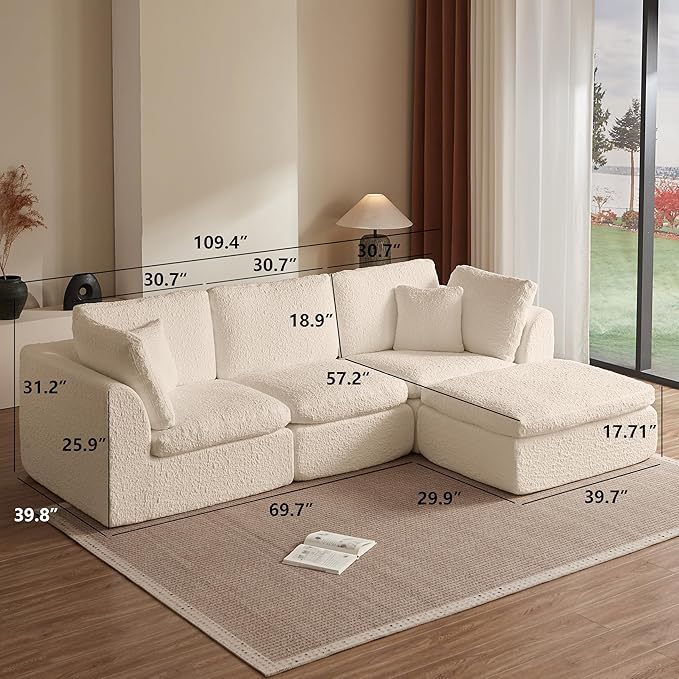 Cilee 110" Modular Sectional Sofa, Cloud Couch with Deep Seat, L-Shape Boneless Sofa, 3 Seat Memory Foam Sofa, No Assembly Required, Upholstered Couch for Living Room, Movable Ottoman, Chenille, Beige