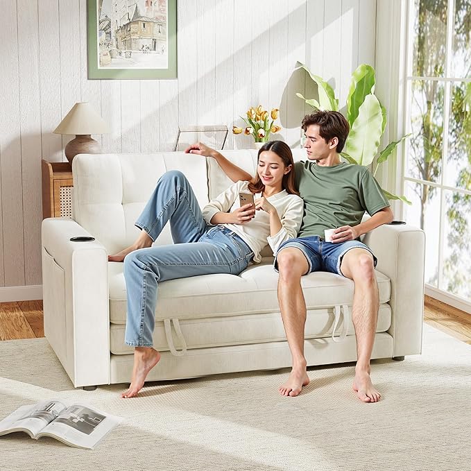 Convertible Sofa Bed, Pull Out Loveseat Sleeper Sofa, 2 in1 Folding Couch Bed Floor Sofa Couch for Small Spaces, Fold Out Floor Bed with Pillows for Living Room Bedroom - Beige