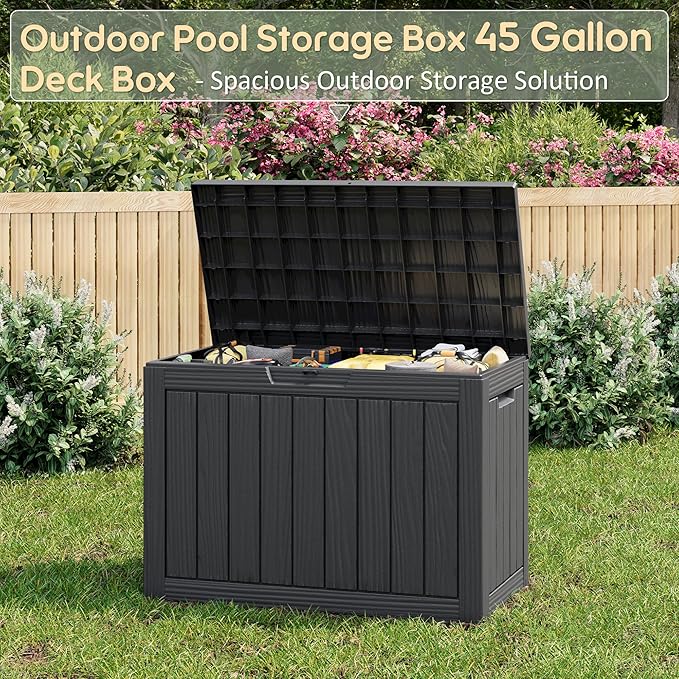Outdoor Storage Box, Weather-Resistant Resin Deck Box for Patio, Balcony, Holds Garden Tools & Cushions (45 Gallon, Black)