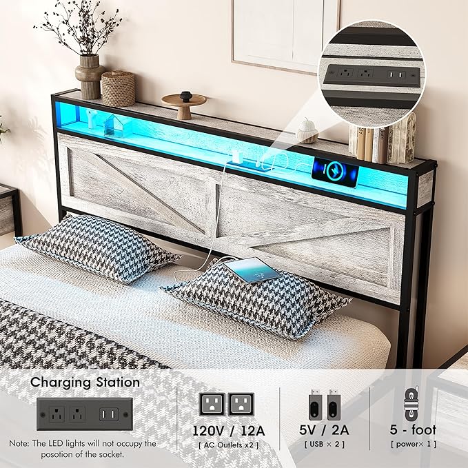 Vabches Full Size Bed Frame with Headboard and Charging Station, Wash Grey Platform Bed Frame with Led Light, No Box Spring Needed, Noise Free Farmhouse Bedroom Set