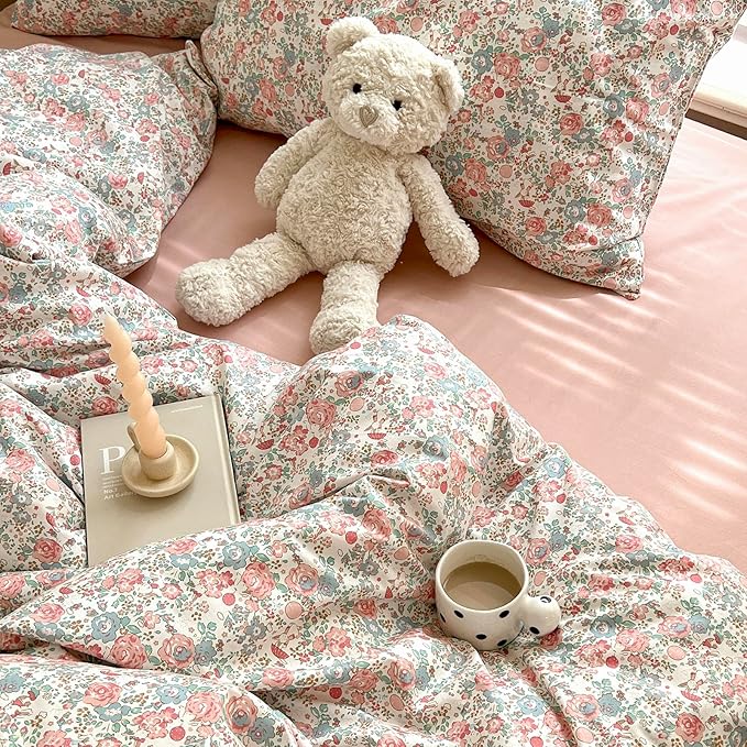 EAVD Queen Comforter Set Floral Print Soft Microfiber Chic Garden Pink Floral Bedding Set with 2 Pillowcases French Style Floral Botanical Comforter Set for All-Season