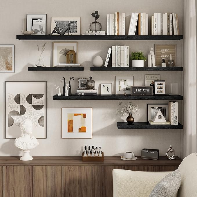 72 Inch Floating Shelves 2 Pack, 8 Inch Deep Floating Shelf Wall Mounted, Large Shelves with Invisible Bracket for Books|Storage, Rustic Wood Wall Shelf for Bedroom, Kitchen, Living Room, Black