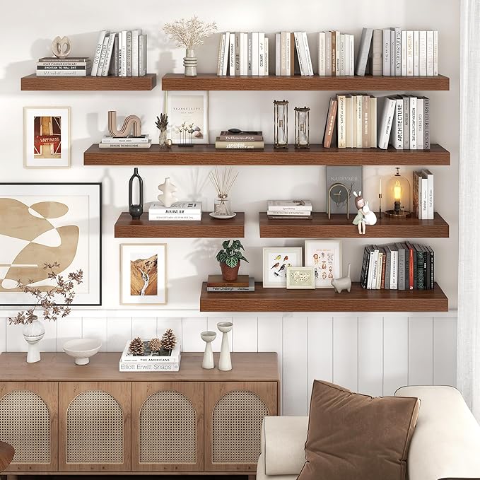 Floating Shelves for Wall, 24 Inch Wide x 12 Inch Deep Floating Shelves, Long Wood Floating Wall Shelf Shelves for Living Room Bathroom Bedroom Kitchen Home - (Walnut, 24" W x 12" D x 2" H)