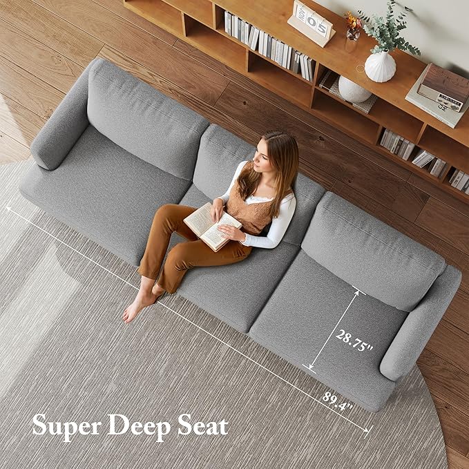 3 Seater Sofa Couch with Deep Seats, 89" Mid Century Modern Upholstered Sofa with Armrests, Comfy Couches for Living Room, Bedroom, Apartment and Office (Grey)