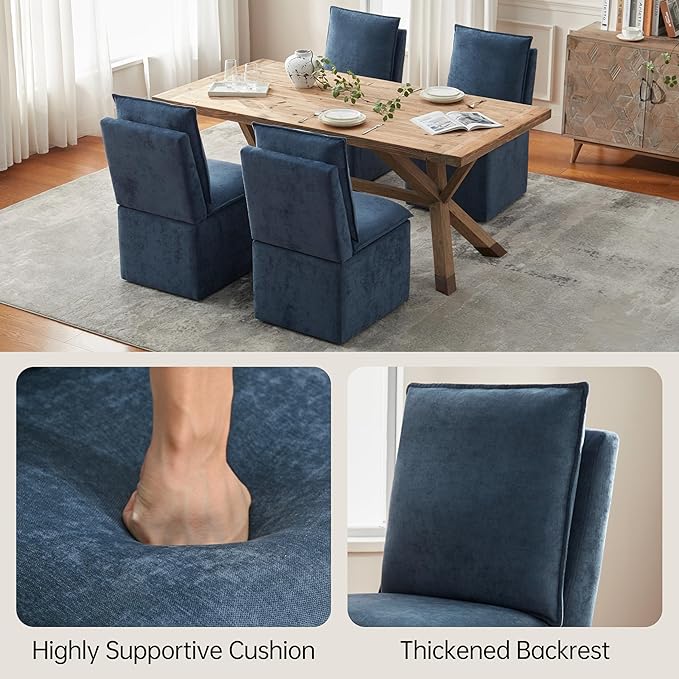 VKNOW Upholstered Dining Chairs Set of 2, Modern Rolling Chairs with Storage and Wheels, Linen Armless Chair with Cushion and Backrest, Dining Room Chairs for Living Room Kitchen Bedroom, Nav
