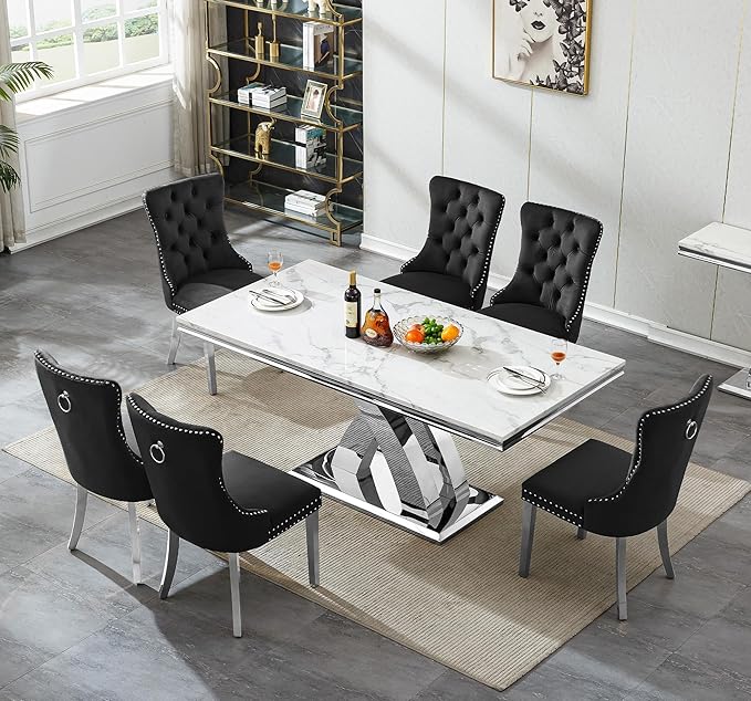 Modern White Marble Dining Table Set for 6,7-Piece Kitchen Table and Chairs for 6,Luxury Silver Dining Room Table Set w/68" Rectangle Dinner Table & 6 Black Velvet Chairs for Kitchen Dining Room