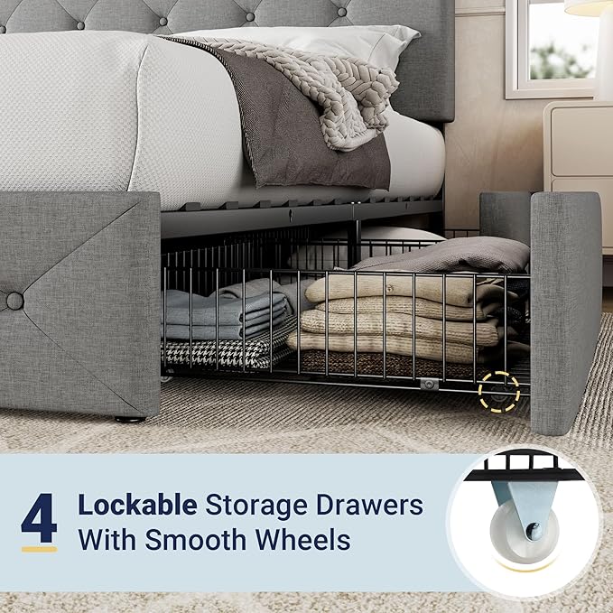 Allewie Upholstered King Size Platform Bed Frame with 4 Storage Drawers and Headboard, Diamond Stitched Button Tufted, Mattress Foundation with Wooden Slats Support, No Box Spring Needed, Light Grey