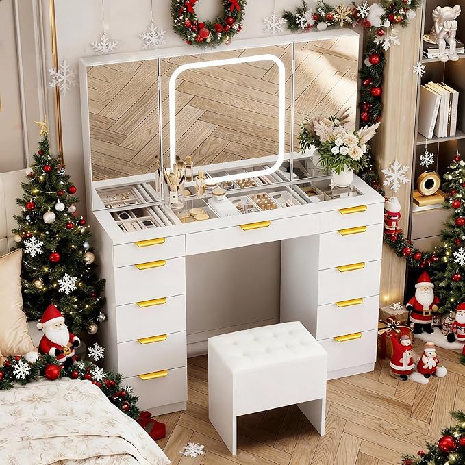Pamapic 11 Drawers Vanity Desk with Foldable Mirror, Glass Top Makeup Vanity with LED Lights, 3 Lighting Modes, Golden Handles Dressing Table with Chair and Power Outlet