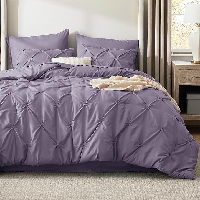 Bedsure Full Comforter Set Grayish Purple - Bed in a Bag Full Size Bedding Set 7 Pieces, GentleSoft™ Pintuck Bed Set Gift for Family, Pinch Pleat All Season Comforter with Sheets, Pillowcases & Shams