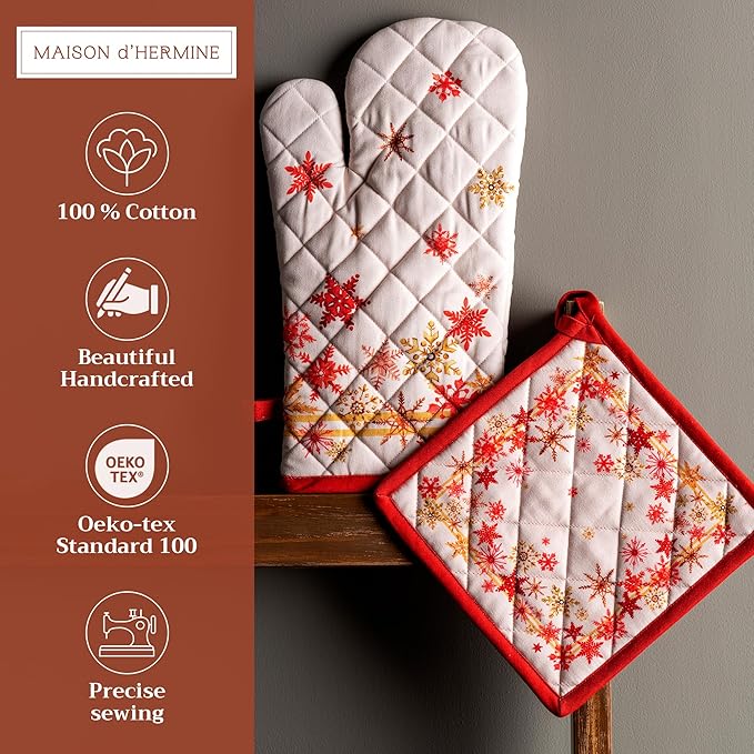 Maison d' Hermine 100% Cotton Oven Mitt & Pot Holder Set (7.5"x13" & 8"x8") Heat Resistant BBQ Cooking Gloves with Loop for Thanksgiving Christmas Decorations Handling Hot Pans (Crystal Star)