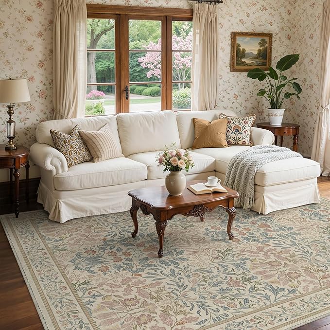 GENIMO 6x9 Washable Area Rug, Non-Slip Vintage Boho Floral Carpet, Soft Low-Pile Thin Living Room Rug for Bedroom, Dining Room, Nursery, Beige Pink
