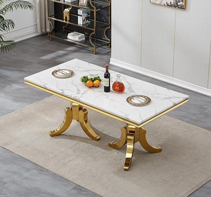 Goujxcy Faux Marble Dining Table Set for 4, Modern 5-Piece Dining Table Set with 4 Velvet Upholstered Chairs, 70" Large Long Faux Marble Kitchen Dining Room Table and Chairs with Stainless Steel Legs