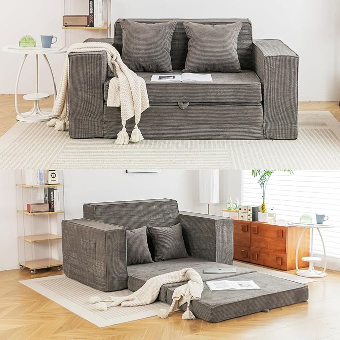 HOMREST 63" Convertible Memory Foam Loveseat Sofa, Pull Out Sleeper Sofa Bed, 2 in 1 Folding Couch Bed, Fold Out Floor Couch Corduroy Fabric with 2 Pillows for Living Room Bedroom Lounge (Grey)