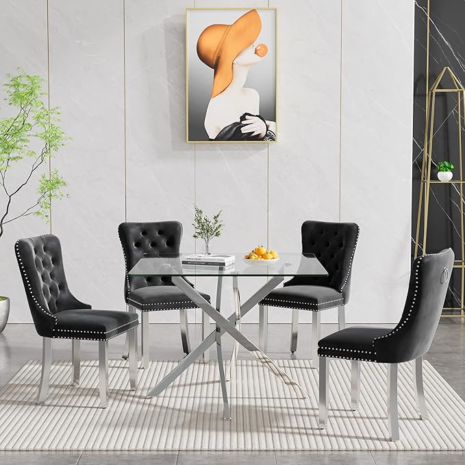 Goujxcy 5 Piece Glass Dining Table Set Modern Small Glass Dining Table Set for 4, 35.43" Square Kitchen Table and 4 Velvet Upholstered Chairs for Kitchen Dining Room, Silver & Black