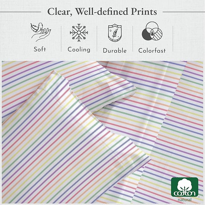 California Design Den Striped Queen Sheet Set - 400 Thread Count Sateen, Natural 100% Cotton Sheet Set Queen Size, Deep Pocket Cooling and Durable Bedding - Rainbow Striped