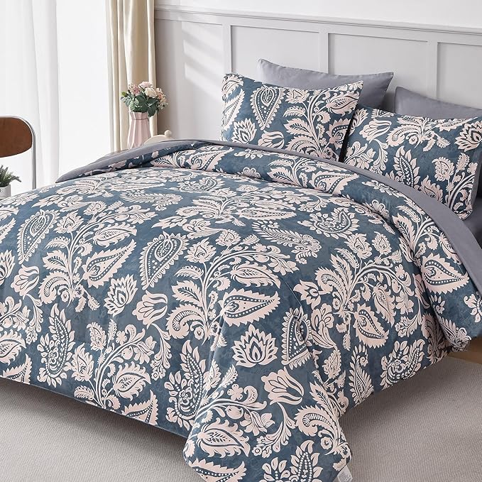 Drucon Paisley Comforter Set Queen, 7 Pieces Bed in a Bag Boho Comforter Bedding Soft Microfiber Queen Size Navy Blue Comforter with Sheet & Pillowcases
