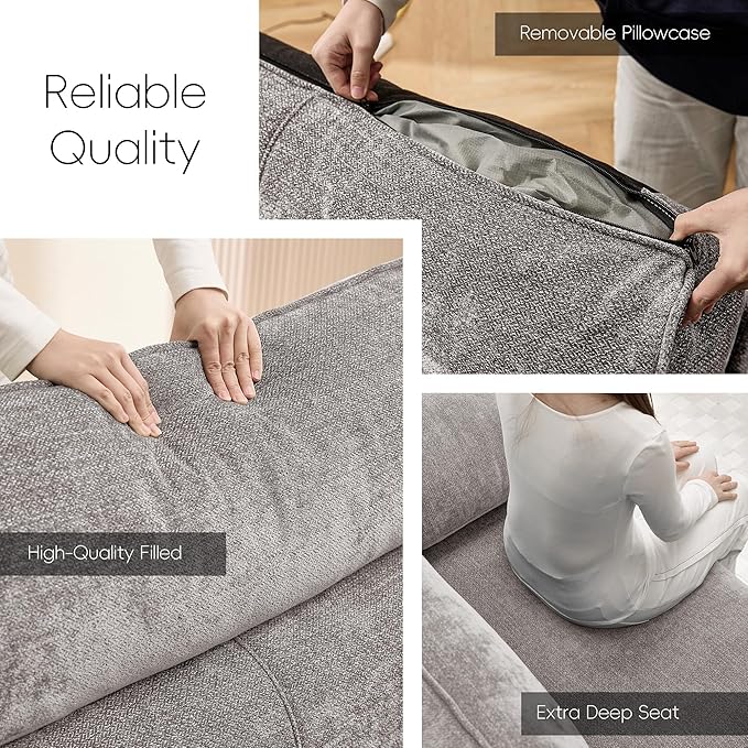 Ihanherry 92" Modern Sofa for Living Room, Deep Seat Chenille Couch with Fast Charging Port & Removable Washable Cushions, Pillow-Armrest Loveseat for Small Space/Apartment, Sturdy Frame, Grey