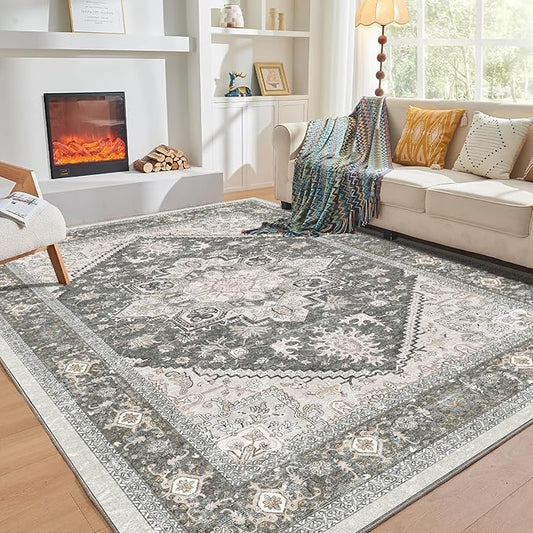 OPPODREAM Thin 8x10 Area Rugs, Washable Rugs 8x10 with Non Slip Backing, Faux Cashmere Low-Pile 8 x 10 Carpet, Greenish Grey