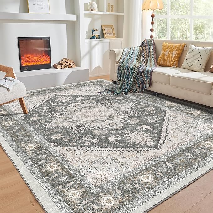 OPPODREAM Thin 10x14 Area Rugs, Washable Rugs 10x14 with Non Slip Backing, Low-Pile Faux Cashmere 10 x 14 Carpet, Greenish Grey