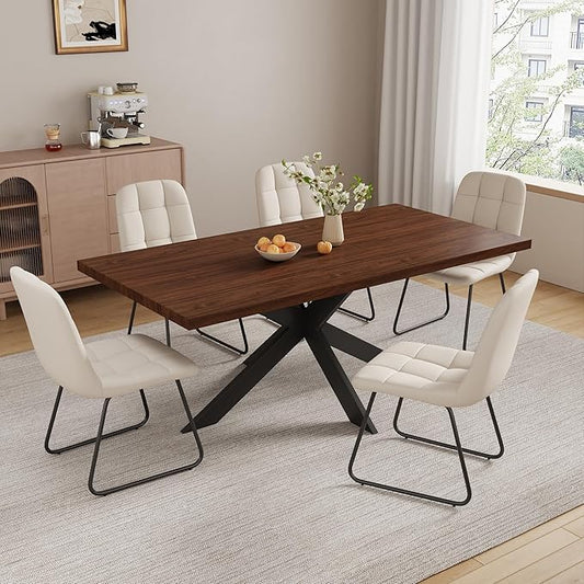 ZckyCine 7-Piece Dining Table Set with 51"-67" Extendable Walnut Wood Table and 6 PU Leather Chairs, Modern Rectangular Kitchen Table Set with Metal Legs, Seats 6, Easy Assembly