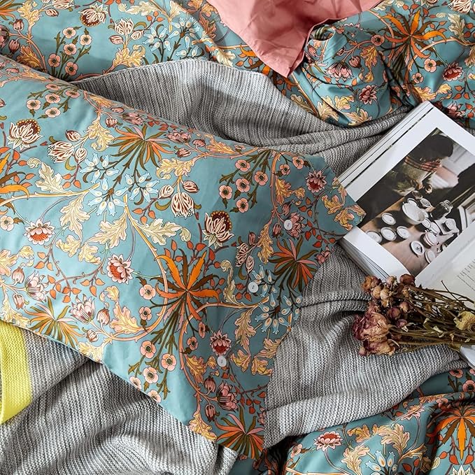 Vintage Flower Duvet Cover Full Percale Cotton Medallion Print Floral Bedding Set Full Farmhouse Bohemian Flower Comforter Cover with 2 Pillowcases Aesthetic Boho Duvet Cover with Zipper Closure