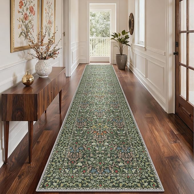 GENIMO Floral Washable Runner Rug 2’6”x12’, Non-Slip Long Hallway Carpet for Entryway, Kitchen, Indoor Floor Use, Vintage Boho Soft Thin Rug Décor, Emerald Green