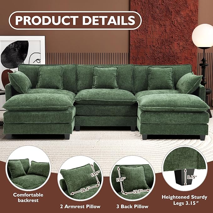 Ihanherry 111.4" U Shaped Modern Sofa Modular Sectional Cloud Couch with 2 Ottoman, 5-Seat Chenille Deep Seat Sofa with Pillow for Living Room, Bedroom and Apartment, Green