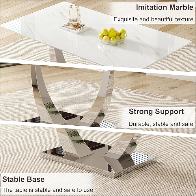 AZmac 63" Modern Dining Table Set for 4, White Dining Room Set for 4, Tempered Glass Kitchen Table and PU Leather Chairs, Marble Pattern Top with Sturdy Silver Chrome Base