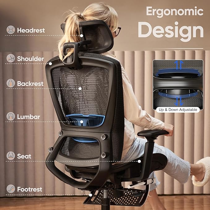 ELABEST T96E Ergonomic Mesh Office Chair with Adjustable Headrest & Footrest,Sturdy Computer Desk Chair - Adjustable Lumbar Support & Armrests,Comfort Wide Seat,Swivel Home Office Chair